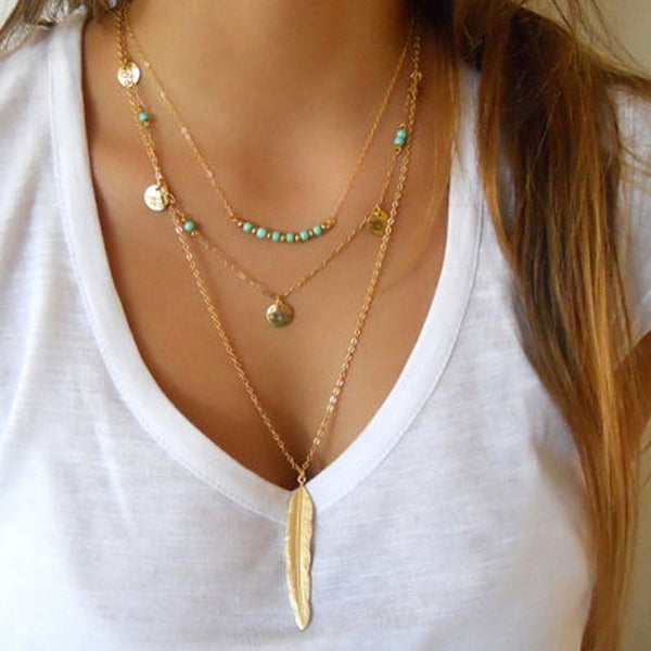 Golden Feather Multilayer Necklace